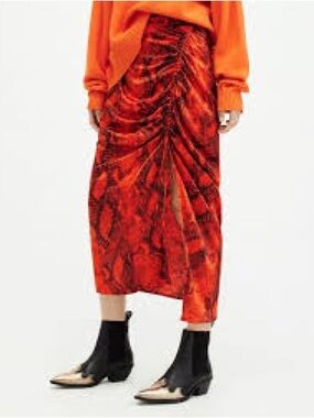 All Saints Clara Skirt Orange Snake Ruched Midi Sz 6 NWT!